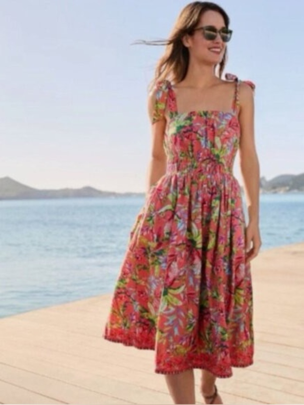 Lands’ End Coral Tropical Floral Print Tie Shoulder Cotton Midi Dress Size Large